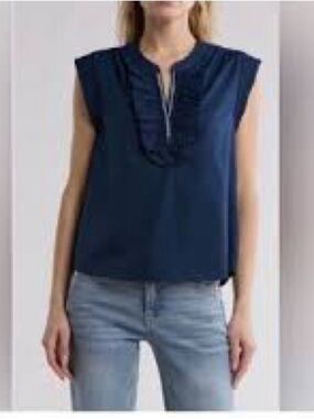 DEMOCRACY Navy Blue Ruffle Split V-Neck Poplin Blouse Top Size M